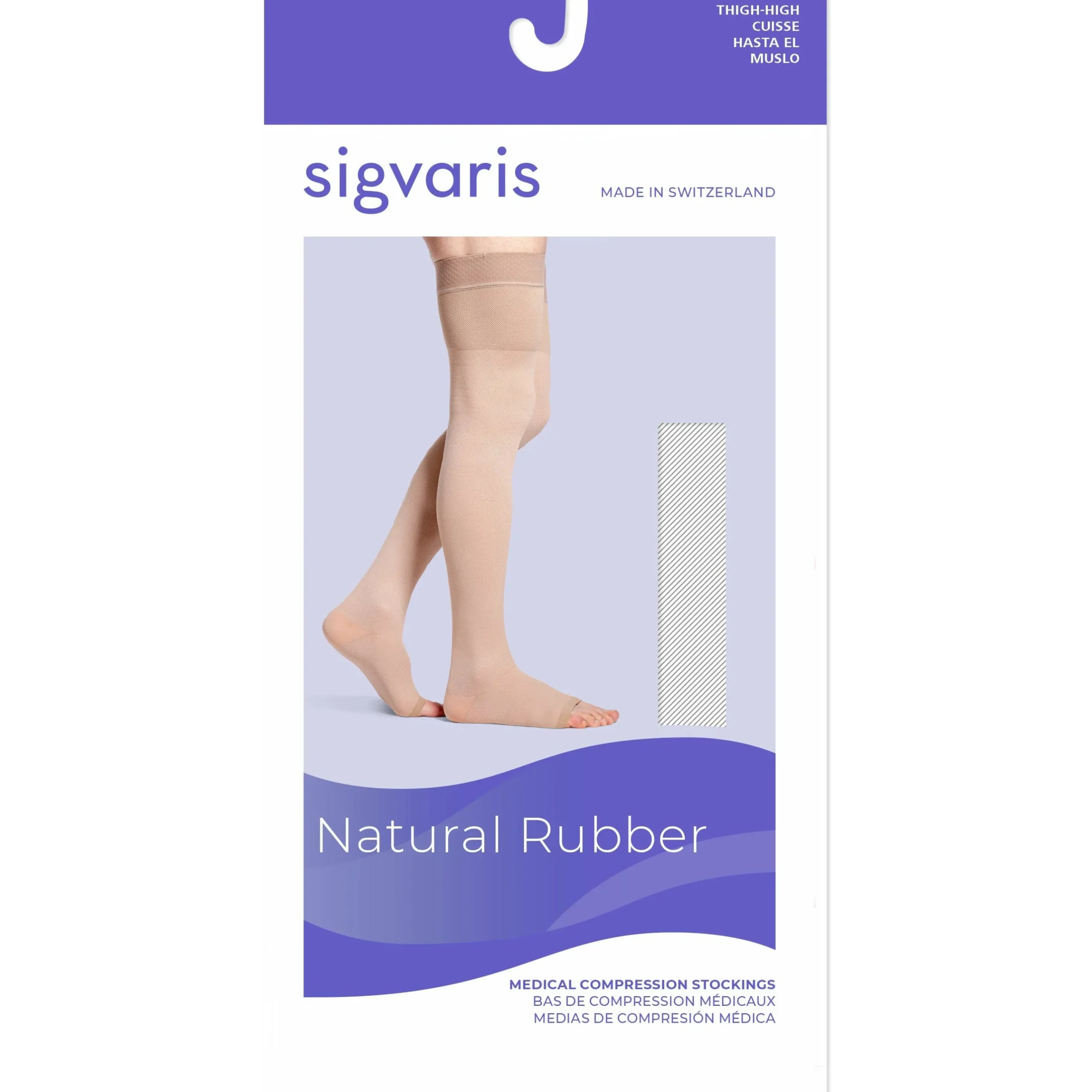 Sigvaris Natural Rubber Thigh High 30-40 mmHg, Open Toe w/ Silicone Beaded Grip-Top